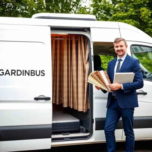 Gardinbus med gardinmand og gardinprøver